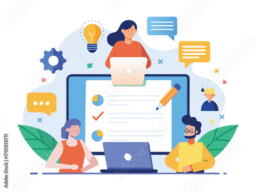 Collaborative note taking app concept with people and digital devices for teamwork
