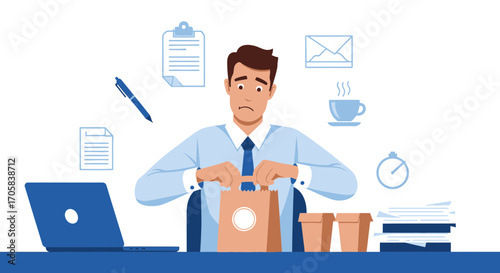 Anxious Businessman Preparing a Lunch or Meal in a Busy Office Environment Scene