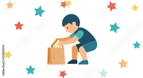 A Young Child Retrieves Sandwich From a Paper Bag Amidst a Festive Star Embellishment
