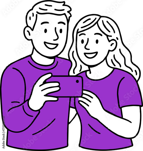 hand drawn style  Flat vector design ilustration happy couple with smartphone taking selfie