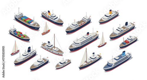 Isometric maritime collection: diverse boats and ships in classic design