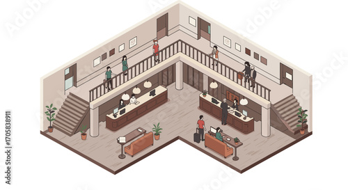 Isometric hotel lobby with guests and reception area