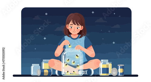 A Young Girl Captures Fireflies At Night In Glass Jars Under A Starry Sky Scene