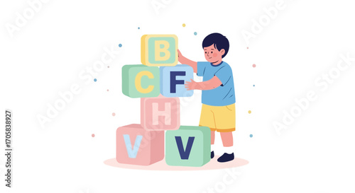 A Young Child Stacking Alphabet Blocks Demonstrating Early Learning and Educational Play
