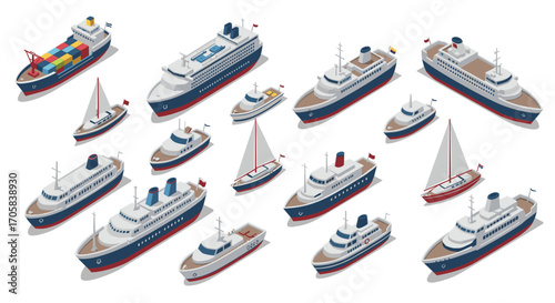 Isometric collection of various ships and boats for maritime design projects