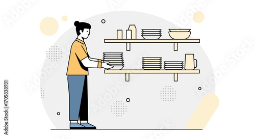 Arranging Dishes on Shelves: Modern Illustration of Daily Routine and Household Tasks