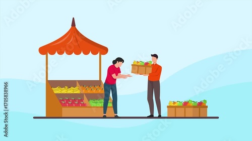 Animated video of a fresh food market transaction. Delivery goods and food concept. Full length animated illustrations. High quality 4k footage