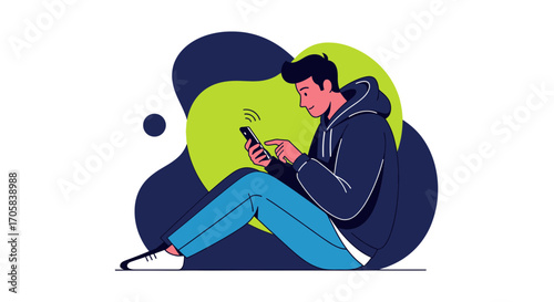 A Young Man Browsing Mobile Phone Content While Relaxing Indoors in Vector Style