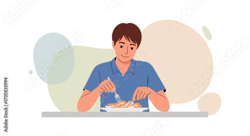A Young Man Delicously Savoring His Meal, Illustrated On A White Background