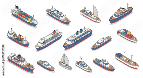 Isometric maritime set: variety of ships and boats in detailed style