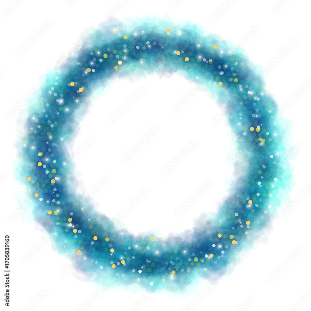 Obraz premium A magical dark blue smoke circle frame effect that sparkles with glowing vapor particles and sparkling stardust. Brush strokes, decorative borders.