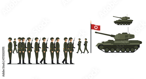 Military parade with soldiers marching and tanks in formation