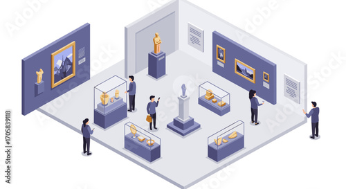 Isometric art gallery interior with visitors and classic exhibits