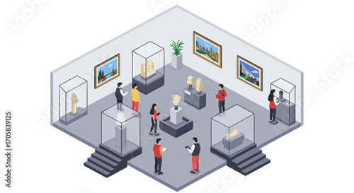 Isometric art gallery with visitors observing exhibits in modern museum setting