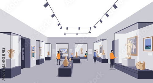Modern art gallery interior with visitors observing sculptures and paintings