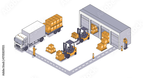 Isometric warehouse operations with forklifts, trucks, and storage units