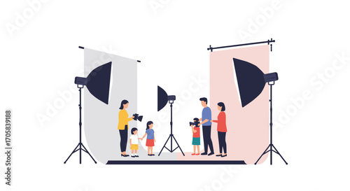 Family photography session in a studio setting with professional equipment