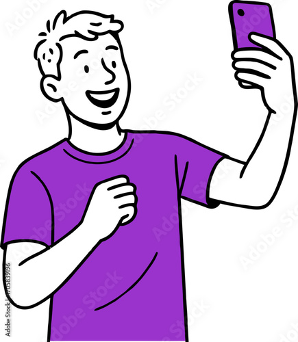  Flat vector design ilustration happy man with smartphone taking selfie