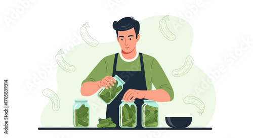 Artisan Person Conserving Vegetables, A Culinary Process Preparing Pickled Products For Storage