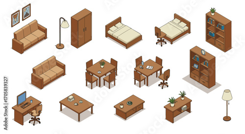 Isometric furniture set: cozy home interiors with living room, bedroom, and office pieces
