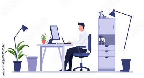 Modern office workspace with man at computer in minimalist style