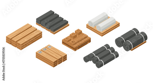 Isometric construction materials featuring wooden planks and roofing rolls