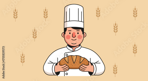 Artisanal Baker Displays Freshly Baked Loaf of Bread With Vector Wheat Decorations