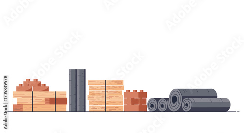 Construction materials flat art of bricks, timber, and rolls for building projects