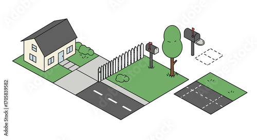 Isometric suburban scene with house, mailboxes, and fencing elements