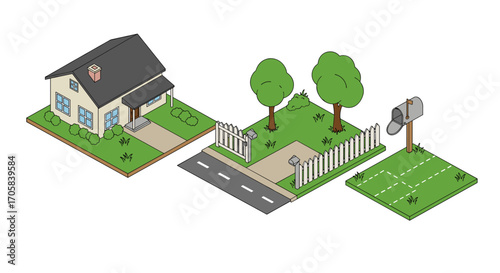 Isometric suburban scene with house, lawn, and mailbox components