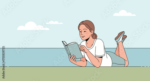 A Young Woman Enjoys Reading A Book Outdoors On A Sunny Day For Relaxation
