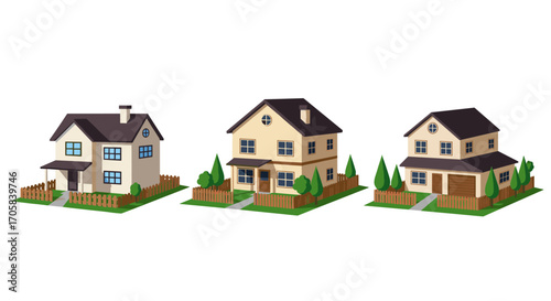 Charming suburban houses with yards and fences in isometric design