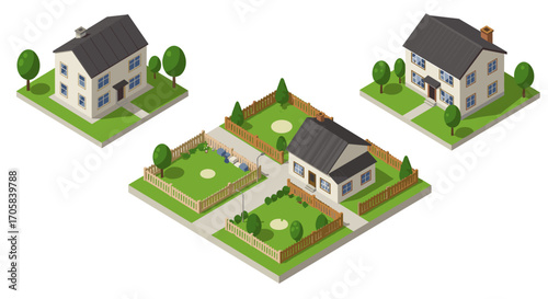 Charming isometric suburban houses with fenced yards and gardens