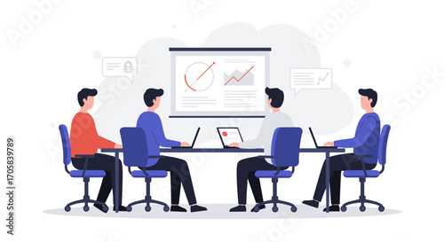 Team meeting with data analysis presentation in modern office setting