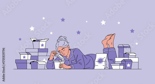A Young Woman Relaxing With Presents And Enjoying The Night In Her Pajamas