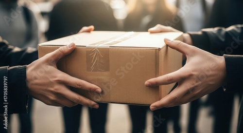 Volunteers taking food out of donation box on table closeup, charity and community service concept
