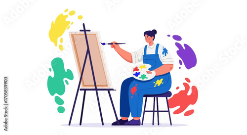 Artist Creating Original Artwork With Paintbrush And Palette On Canvas, Colorful Splashes