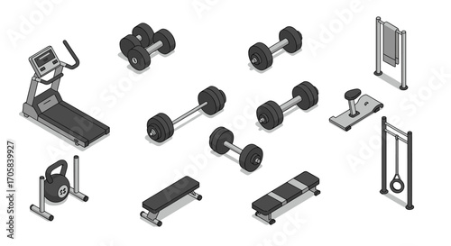 Isometric gym equipment set: dumbbells, treadmill, kettlebell, weight bench, pull-up bar