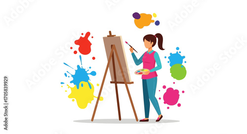 Artist Creating Visual Art Through Canvas and Paint Splashes in Colorful Scene