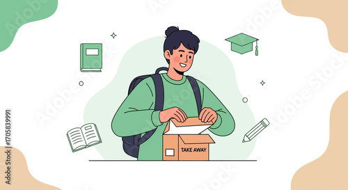 Academic Takeaway: Student Unboxing Knowledge From A Box, Concept Illustration