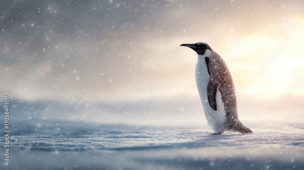 Fototapeta premium Penguin in snowy landscape antarctica wildlife photography icy terrain side view nature conservation