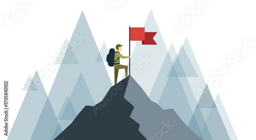 Achieving Success, The Climber Reaching Peak, Flag Planted On The Summit With Mountain View
