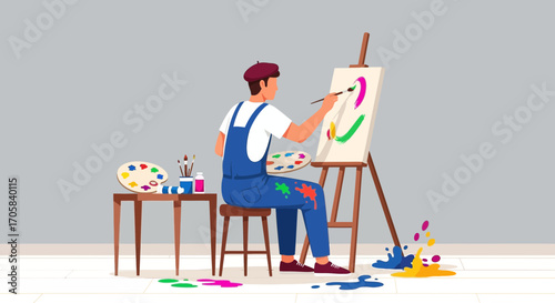 Artist Painting Abstract Expressionism on Canvas in Studio using Brush and Palette