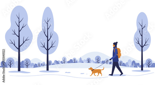 Winter walk in scenic snowy park with person and dog on leash