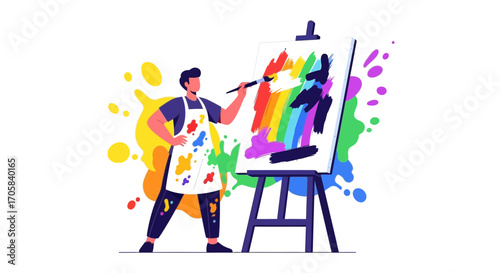 Artist Painting Colorful Artwork: Creative Expression Depicted on Canvas and Easel