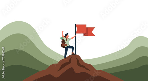 Achieving The Apex Of Success: A Climber Flags Their Victorious Ascent To The Summit