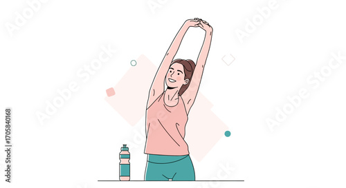 Active Female Athlete Stretching and Preparing for Exercise Illustrated with Water Bottle Beside