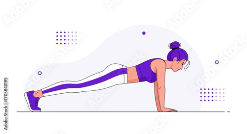Active Female Executing Push-Up Exercise Illustration for Healthy Lifestyle and Fitness Training