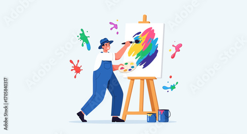 Artist Painting on Canvas with Colorful Brushstrokes, Exploring Artistic Creativity