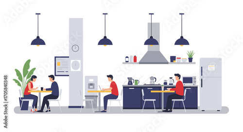 Modern office break room with colleagues dining and working in minimalist setting